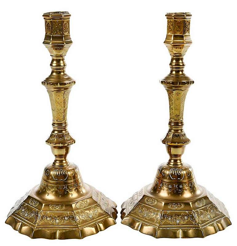 Appraisal: Pair Louis XV Brass Candlesticks French th century scalloped octagonal