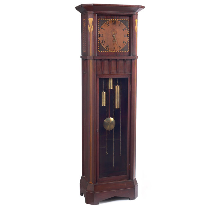 Appraisal: Shop of the Crafters Manchester clock in mahogany Egyptian revival