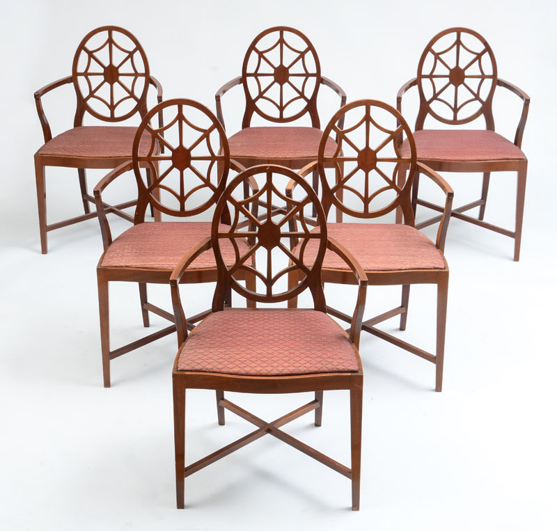 Appraisal: SIX REPRODUCTION MAHOGANY SPIDER-BACK ARMCHAIRS AFTER A DESIGN BY SIR