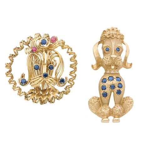 Appraisal: Two Gold Sapphire Ruby and Diamond Dog Brooches Estimate -