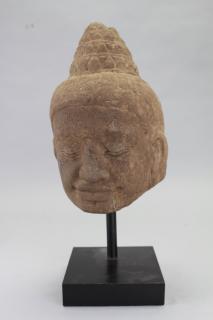 Appraisal: th C Cambodian Khmer Carved Sandstone Bust on stand Bayon