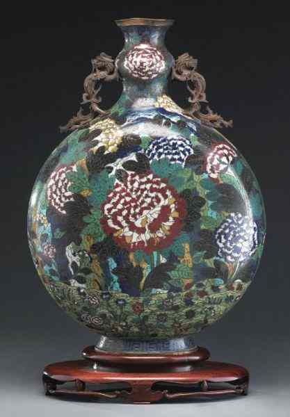 Appraisal: Chinese Qing Qianlong cloisonne moon flask depicting peony blossoms with