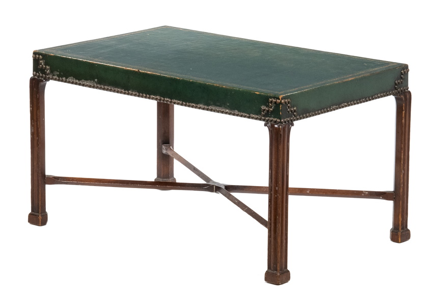 Appraisal: GREEN LEATHER TOP LOW TABLE British Rectangular Coffee Table in