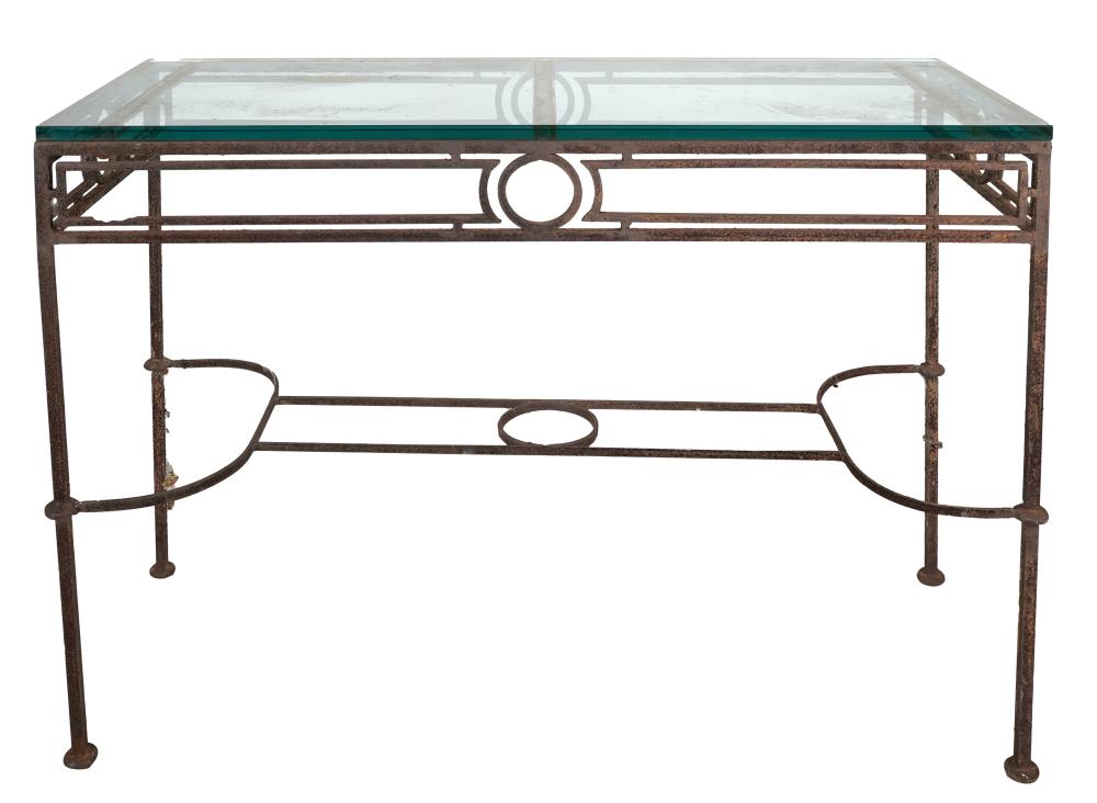 Appraisal: IRON GLASS CONSOLE TABLECondition heavy oxidation to iron inches wide