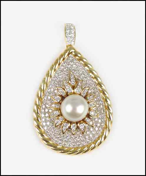 Appraisal: DIAMOND PEARL AND KARAT GOLD BROOCH PENDANT Comprised of a