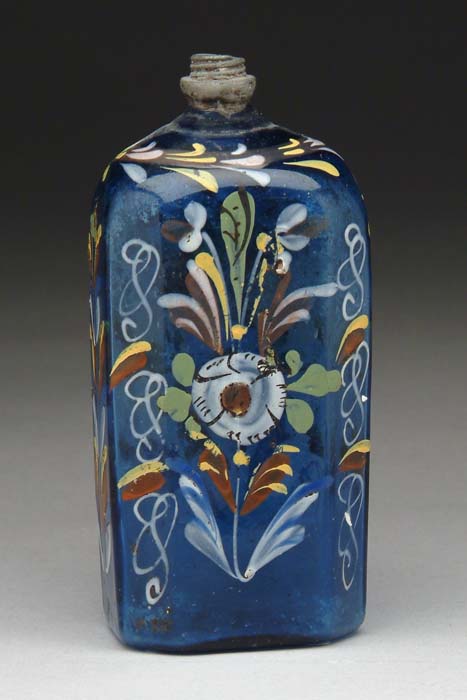 Appraisal: STIEGEL-TYPE BOTTLE Cobalt blue half-post bottle with polychrome enamel floral