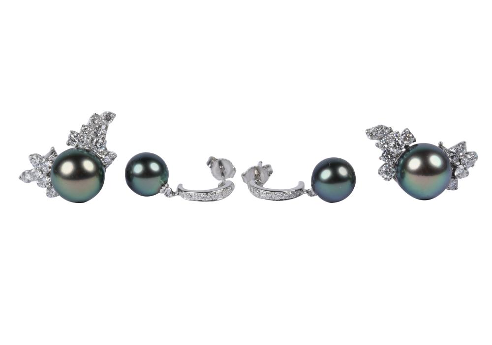 Appraisal: TWO PAIRS OF WHITE GOLD DIAMOND BLACK CULTURED PEARL EARRINGSthe