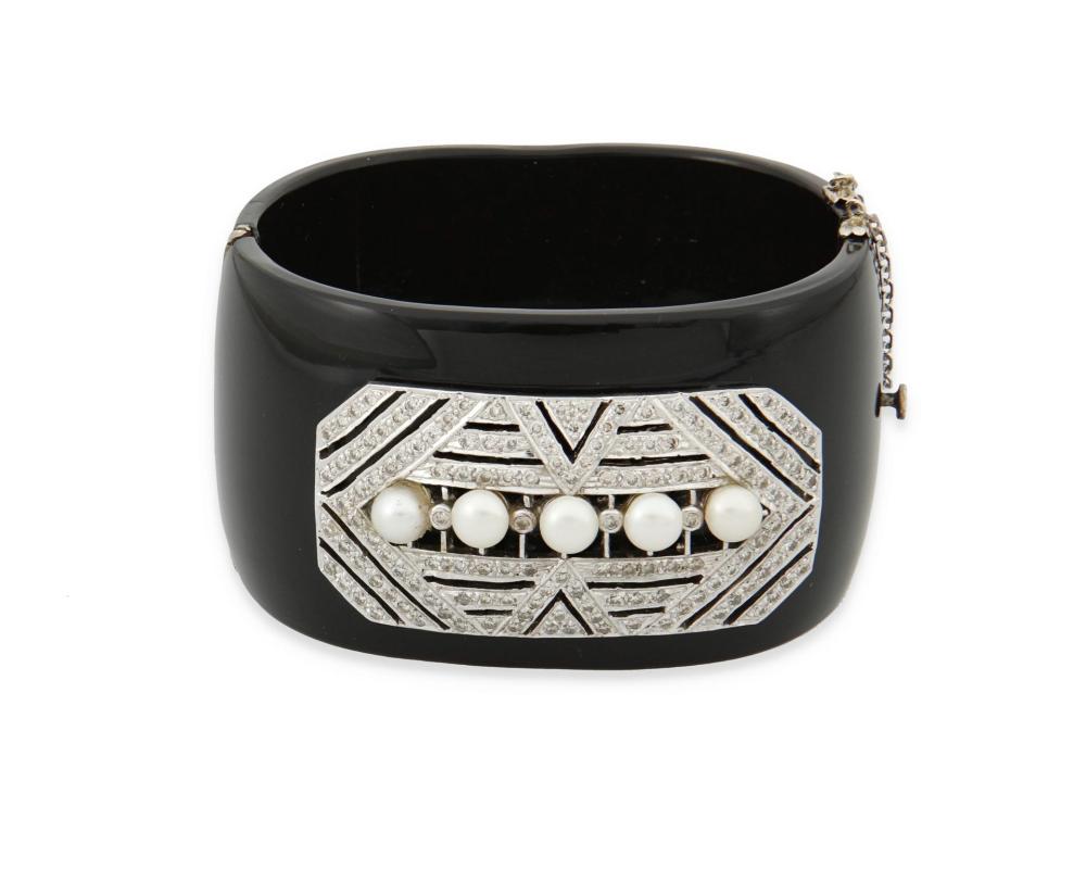 Appraisal: A CULTURED PEARL DIAMOND AND BLACK ACRYLIC HINGED BANGLE BRACELETA