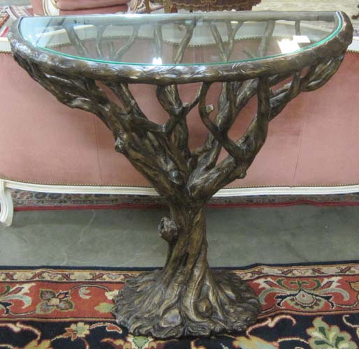 Appraisal: GLASS TOP 'TREE TRUNK' CONSOLE TABLE cast resin with bronze