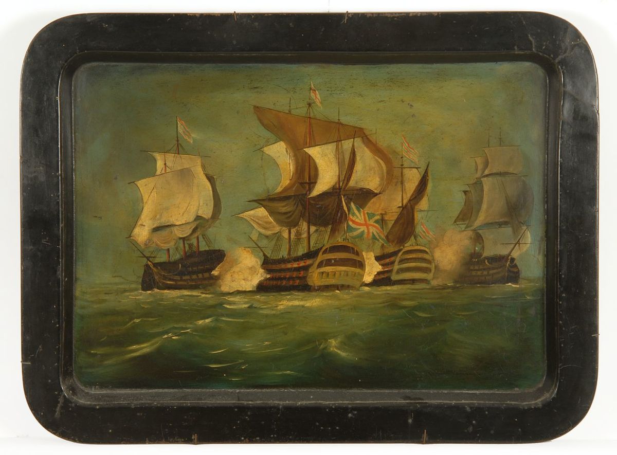 Appraisal: PAPIER MACHE TRAY DEPICTING A NAVAL BATTLE th CenturyIn rectangular