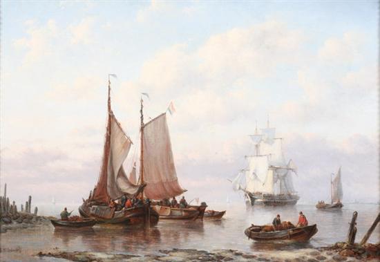 Appraisal: GEORGE W OPDENHOFF Dutch - SHIPS AT SHORE WITH SEAMEN