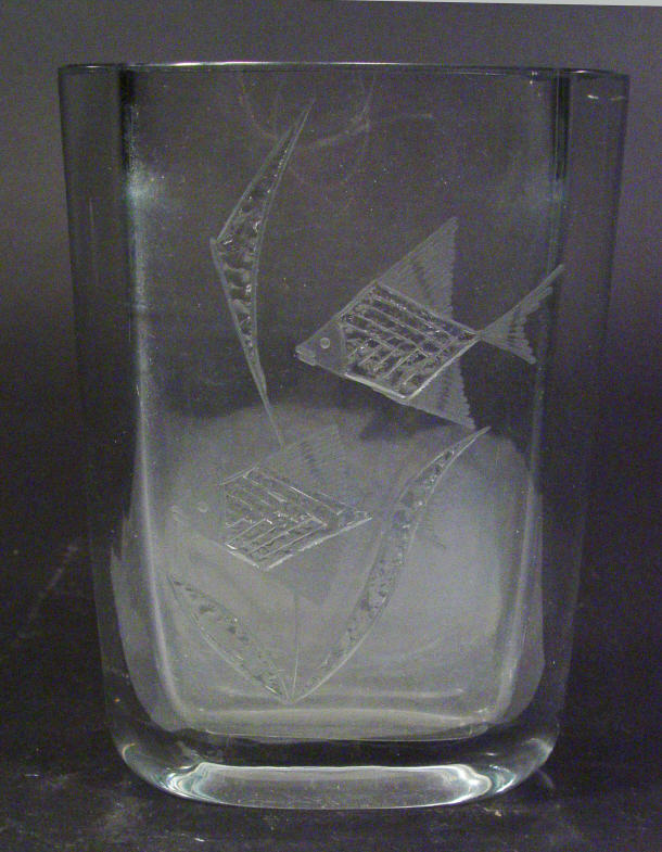 Appraisal: Scandinavian clear flat sided glass vase engraved with fish etched