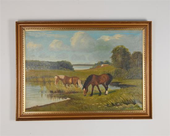 Appraisal: Edv Mu Horses in a Landscape an oil on canvas