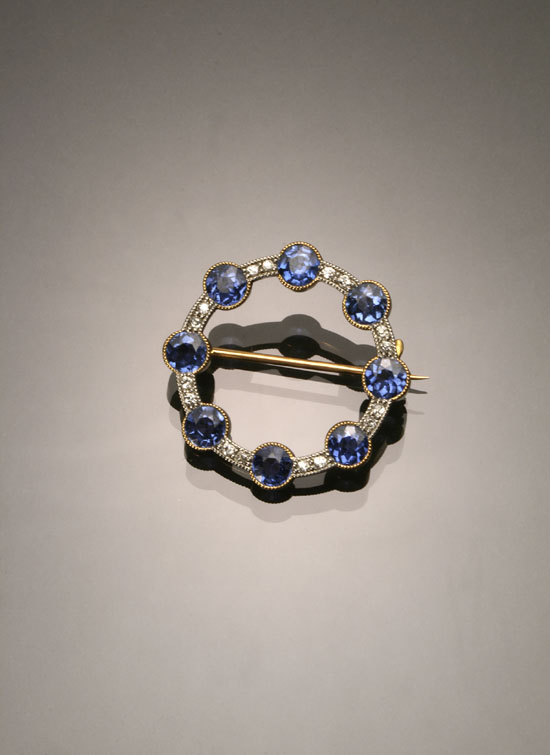 Appraisal: Edwardian -Karat Yellow-Gold Platinum-Topped Blue Sapphire and Diamond Circular Brooch