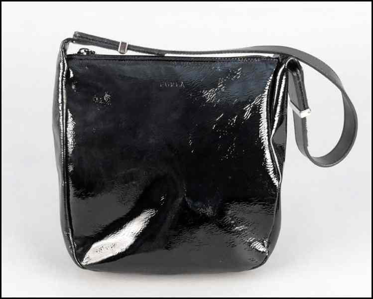 Appraisal: FURLA BLACK PATENT LEATHER HANDBAG With dustbag H '' W