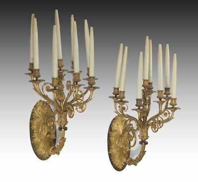 Appraisal: A Pair of Bright Finish Cast Bronze Wall Sconces Scrolling