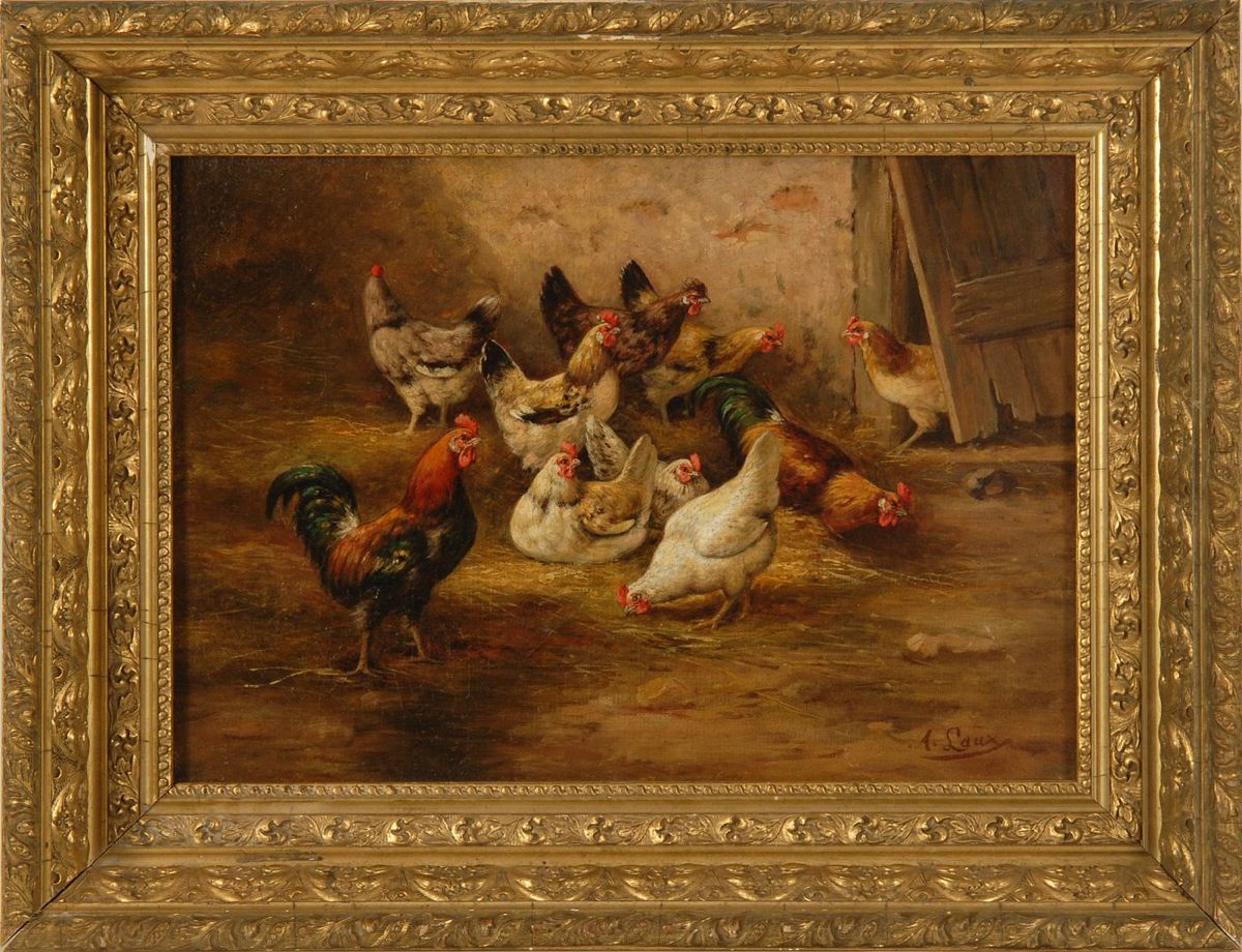 Appraisal: AUGUST LAUX German-American - Farmyard scene with chickens and roosters