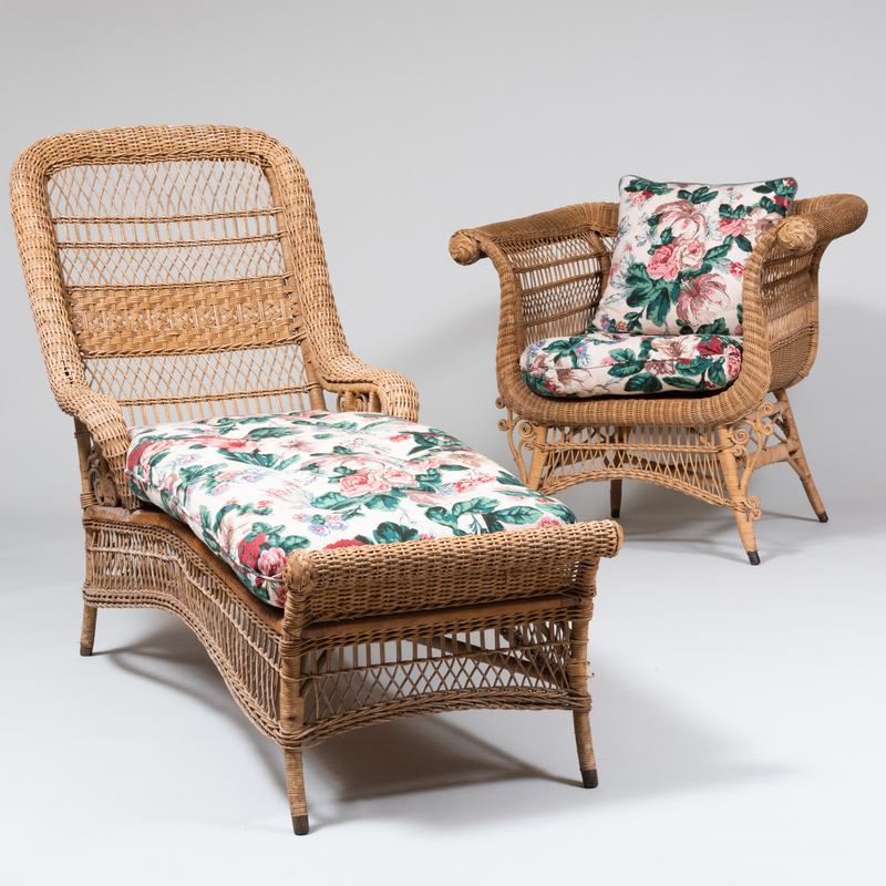 Appraisal: Wicker and Printed Floral Linen Upholstered Chaise Lounge and Armchair