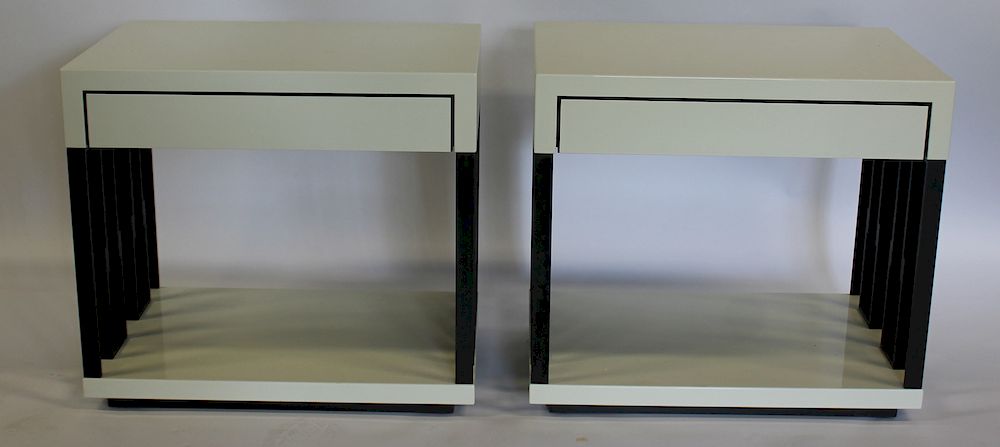 Appraisal: HOLLY HUNT Pair of Lacquered End Tables With Metal Sides