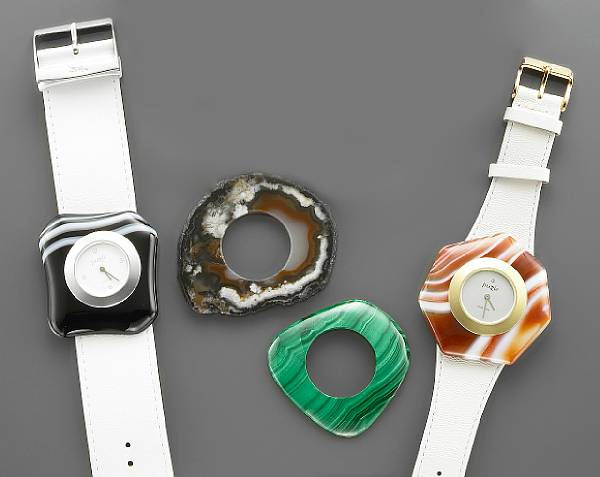 Appraisal: Suite of Four Interchangeable Gemstone Wristwatch Bezels and Two Watches