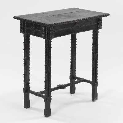 Appraisal: A Dark Painted Wood Tramp Art Table Hand carved details