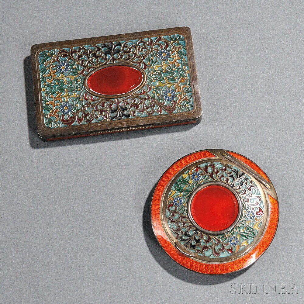 Appraisal: Two Austrian Sterling Silver and Enamel Compacts Bruder Frank Vienna