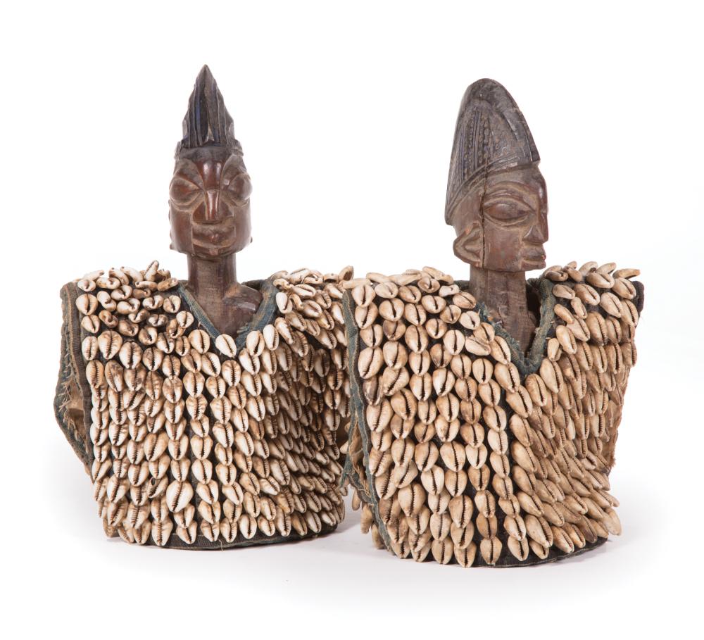 Appraisal: Two African Carved Wood Ibeji Figures in Cowrie Shell Vests