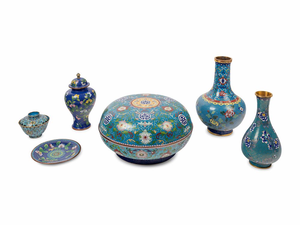 Appraisal: Six Chinese Blue Ground Cloisonne Enameled Vessels Six Chinese Blue