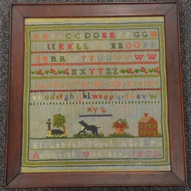 Appraisal: Elizabeth Troth's needlework sampler aged Accotink Virginia alphanumeric rows over