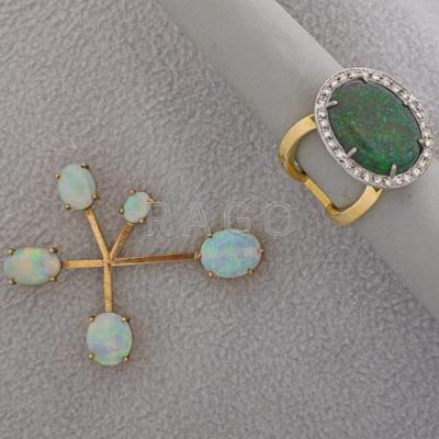 Appraisal: MINIMALIST OPAL AND GOLD JEWELRY Oval sugar opal and diamond