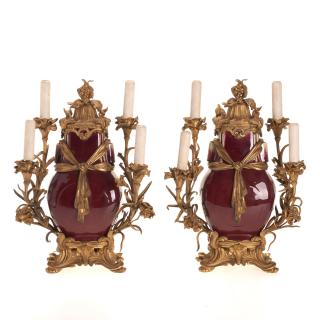 Appraisal: Pr Louis XV style gilt bronze oxblood candelabra Pr Louis