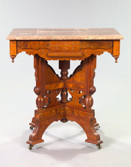 Appraisal: American Eastlake Burled Walnut Walnut and Marble-Top Center Table late