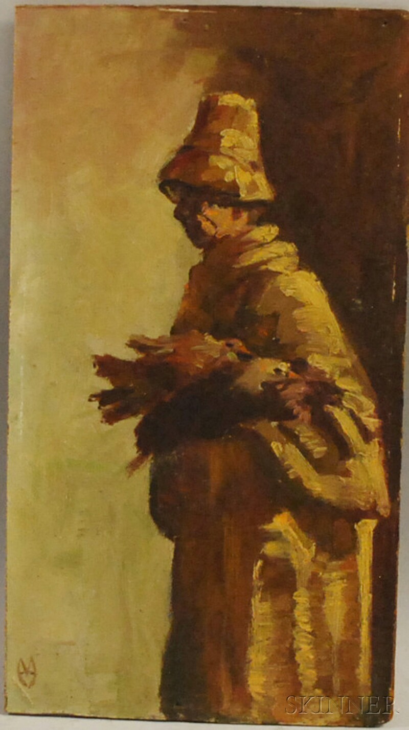 Appraisal: American School th Century Shadowy Figure Carrying Birds Monogrammed l