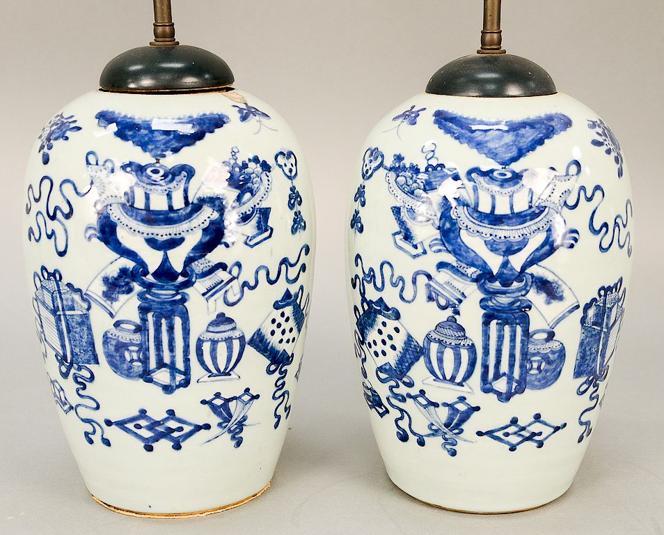 Appraisal: Pair of underglaze blue celadon conical jar China th century