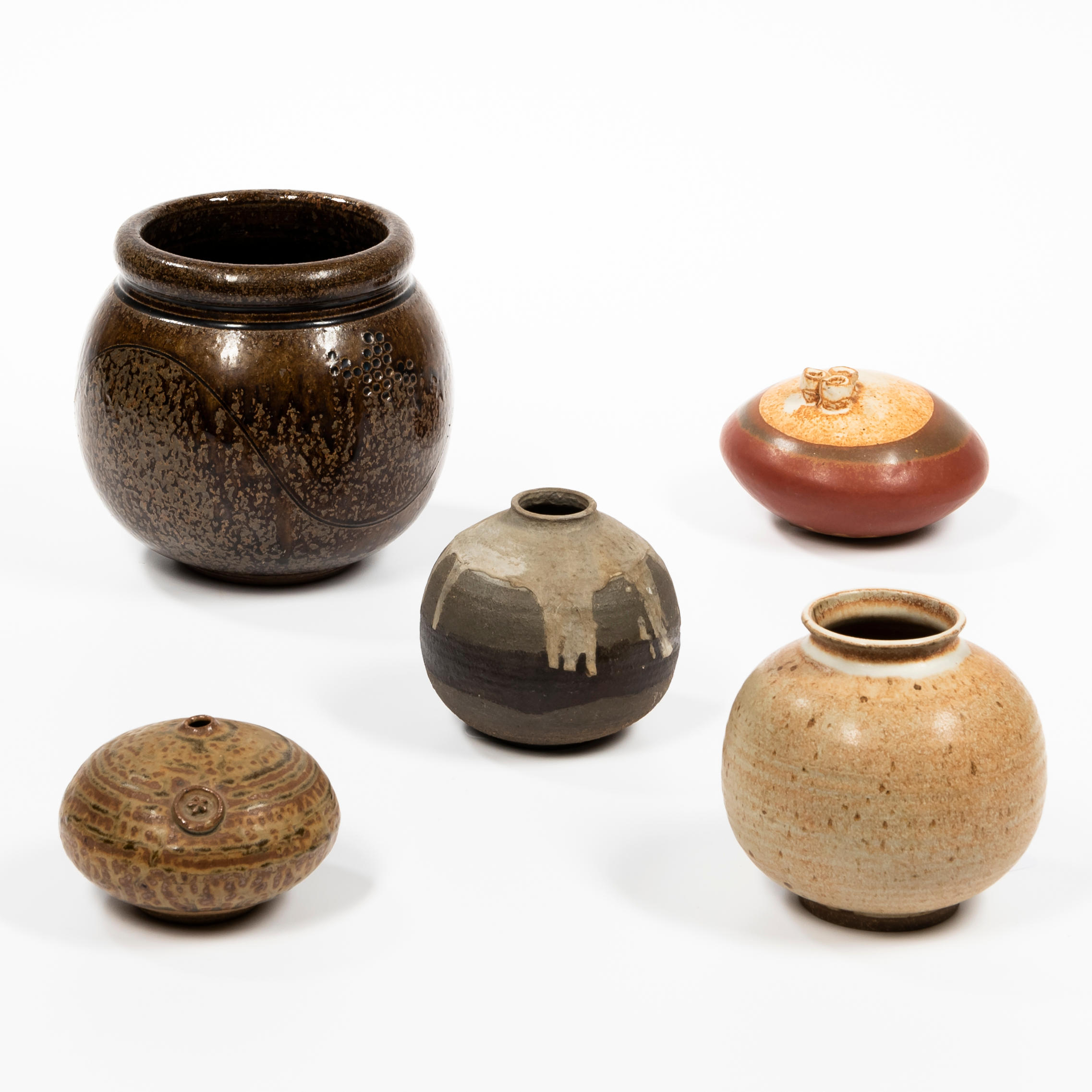 Appraisal: Five Studio Art Pottery Vessels three jars and two narrow-mouthed