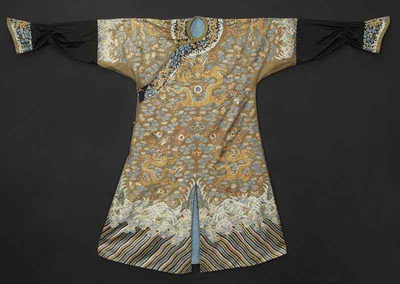 Appraisal: Chinese Qing embroidered dragon robe depictingnine dragons and lucky symbols