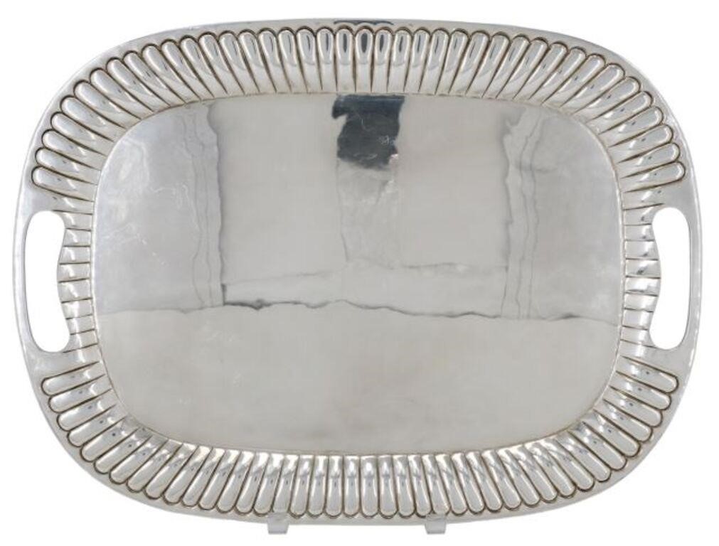 Appraisal: Modernist sterling silver serving tray Mexico with repousse gadrooned rim