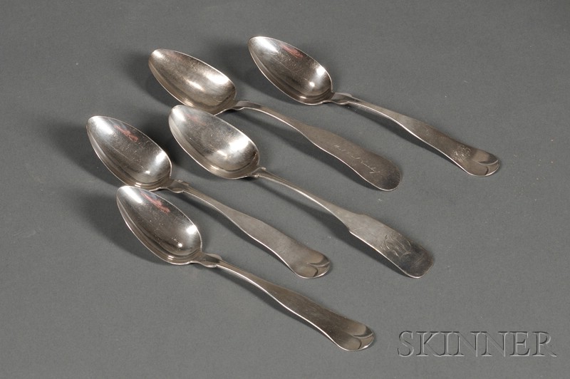 Appraisal: Five Coin Silver Serving Spoons Newburyport Massachusetts th century including