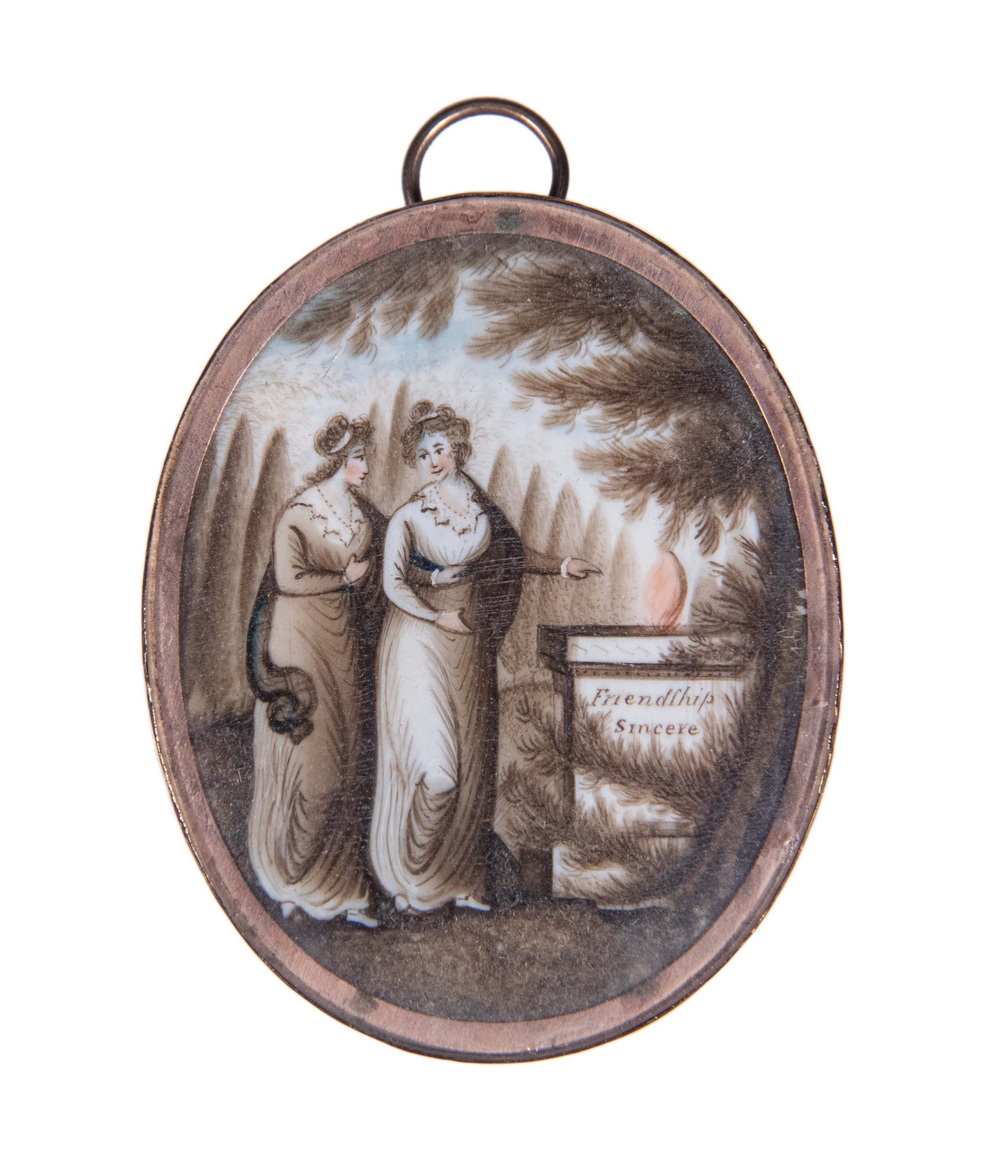 Appraisal: MINIATURE MEMORIAL LOCKET CIRCA Two Women in Regency Gowns stand