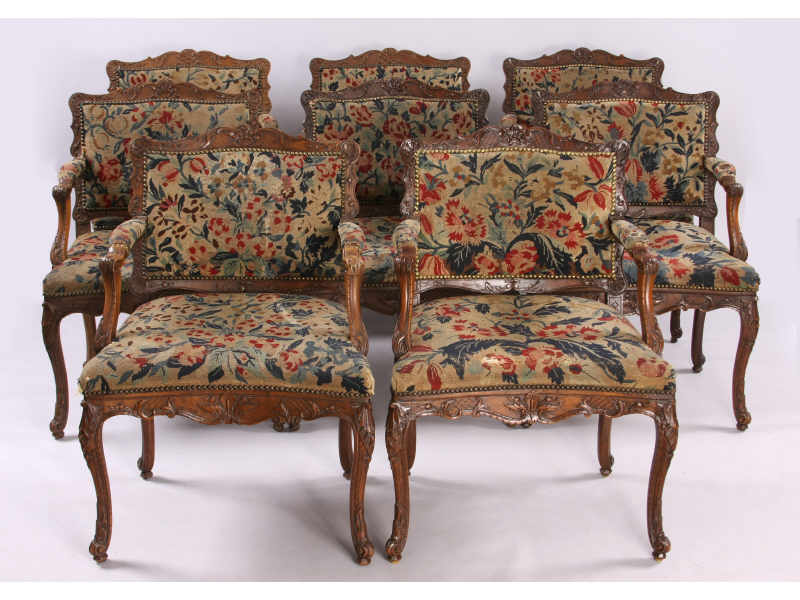 Appraisal: Set of Eight Louis XV Style Open Arm Chairs ca