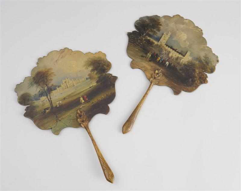 Appraisal: PAIR OF VICTORIAN PAINTED PAPIER HAND FANS The shaped plated