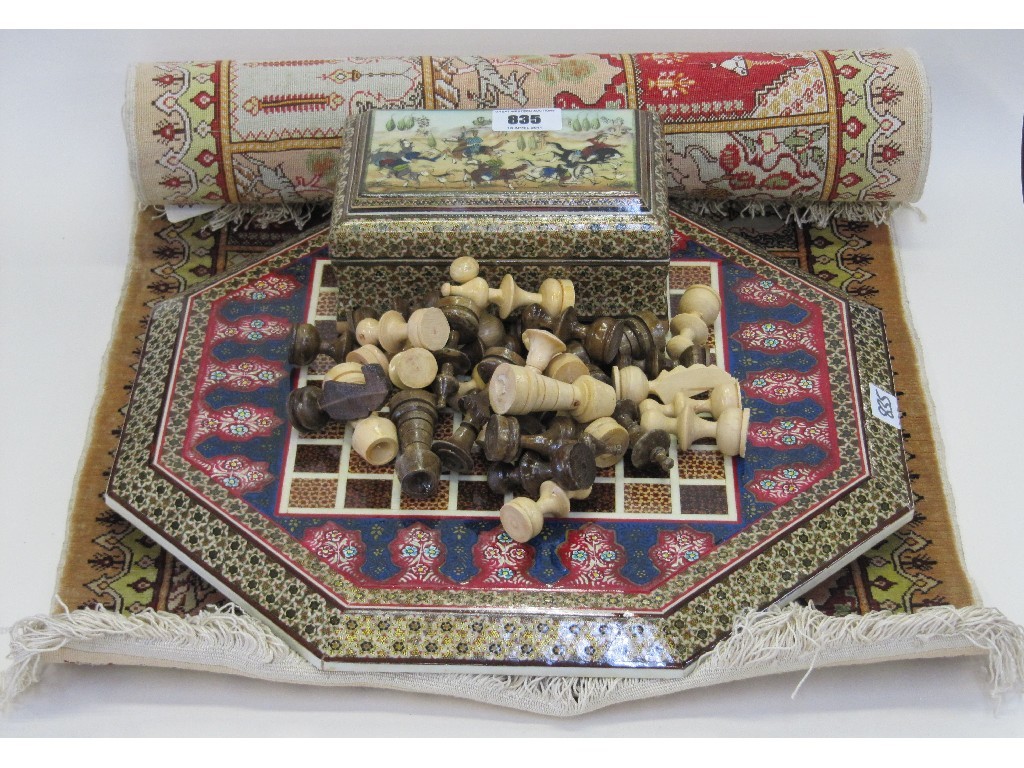 Appraisal: Islamic box silk rug and a chessboard set