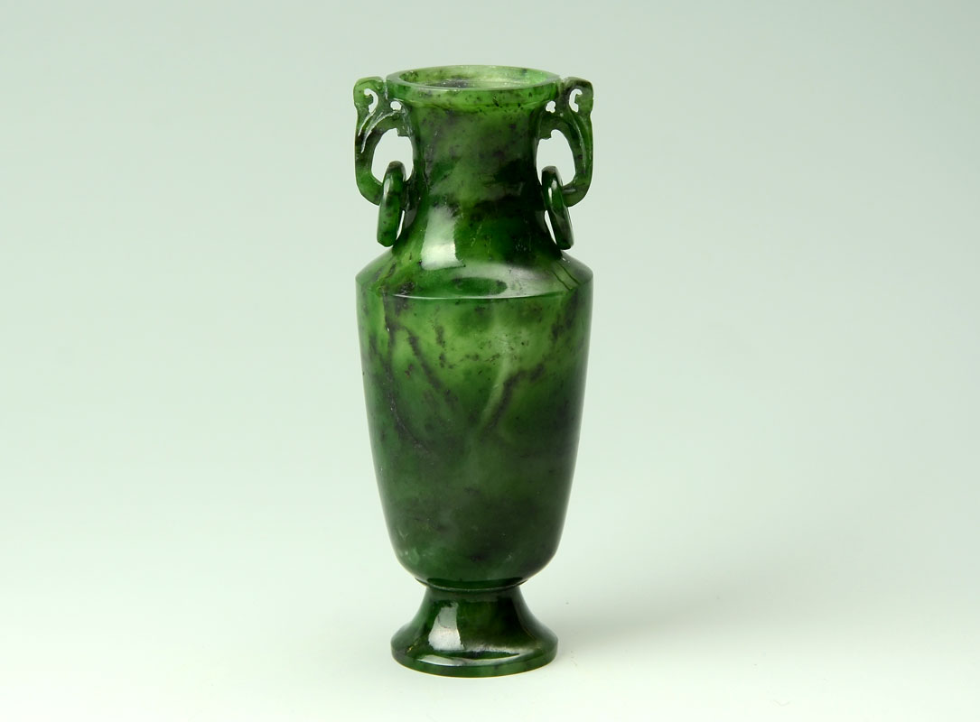 Appraisal: CHINESE CARVED SPINACH JADE VASE URN Carved spinach jade or