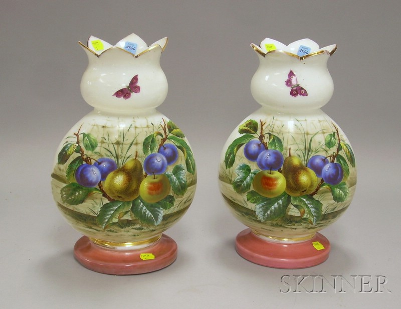 Appraisal: Pair of Hand-painted Bristol Glass Vases decorated with fruit and