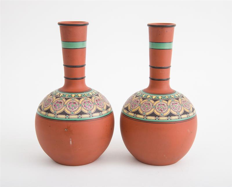 Appraisal: PAIR OF ENGLISH DECORATED TERRACOTTA WATER BOTTLES x in Estimate