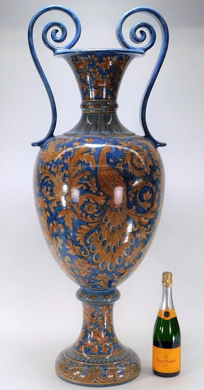 Appraisal: Large Biagioli Gubbio Peacock Faience Pottery Urn Italy th Century