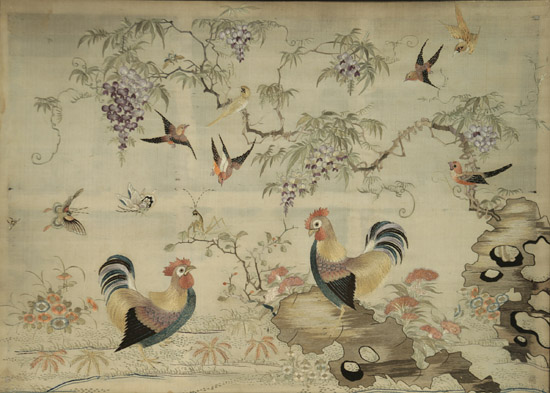 Appraisal: Chinese Polychrome Silk Embroidered Panel of Two Roosters and Birds