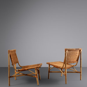 Appraisal: Jacques Dumond French - Pair of Lounge Chairs bamboo cane