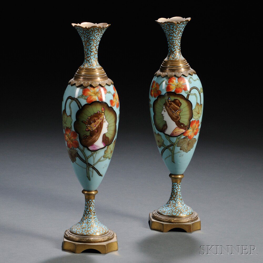 Appraisal: Pair of French Porcelain and Champleve Vases France early th