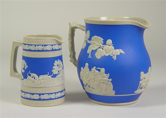 Appraisal: Two Copeland Jasperware Pitchers Circa Blue ground jasperware pitcher with